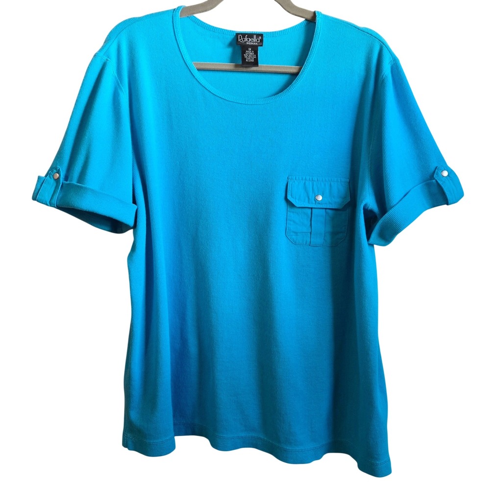 Rafaella Woman 1X Bright Turquoise Blue Ribbed Knit Pocket‎ Top Short Sleeve